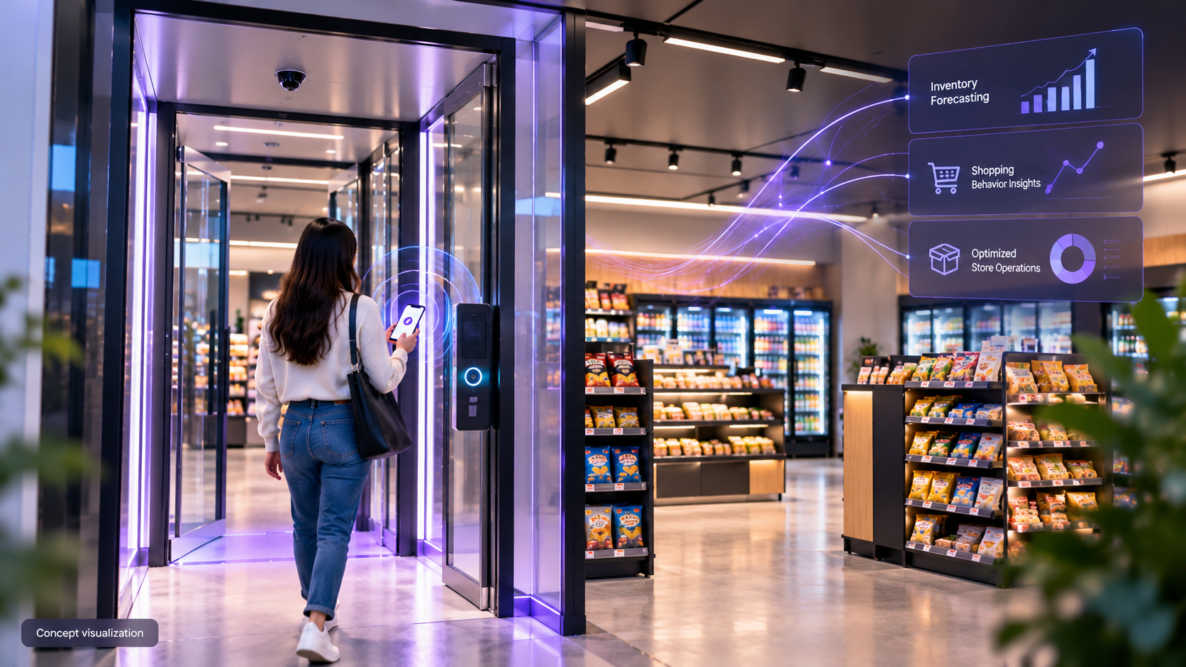 Concept visualization of Invisipay cashierless retail technology and future retail intelligence
